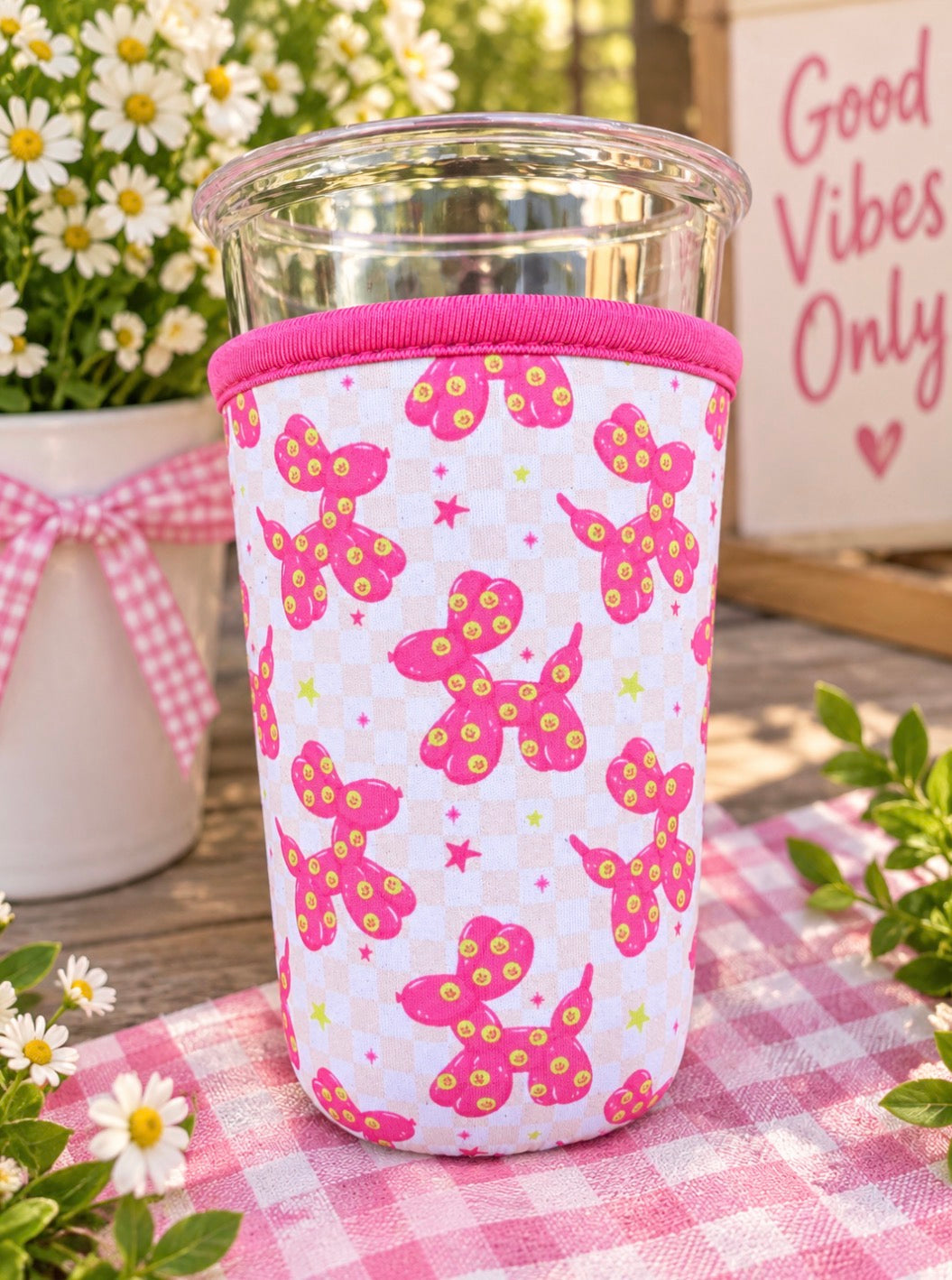 Pink star Balloon dog coffee coozie