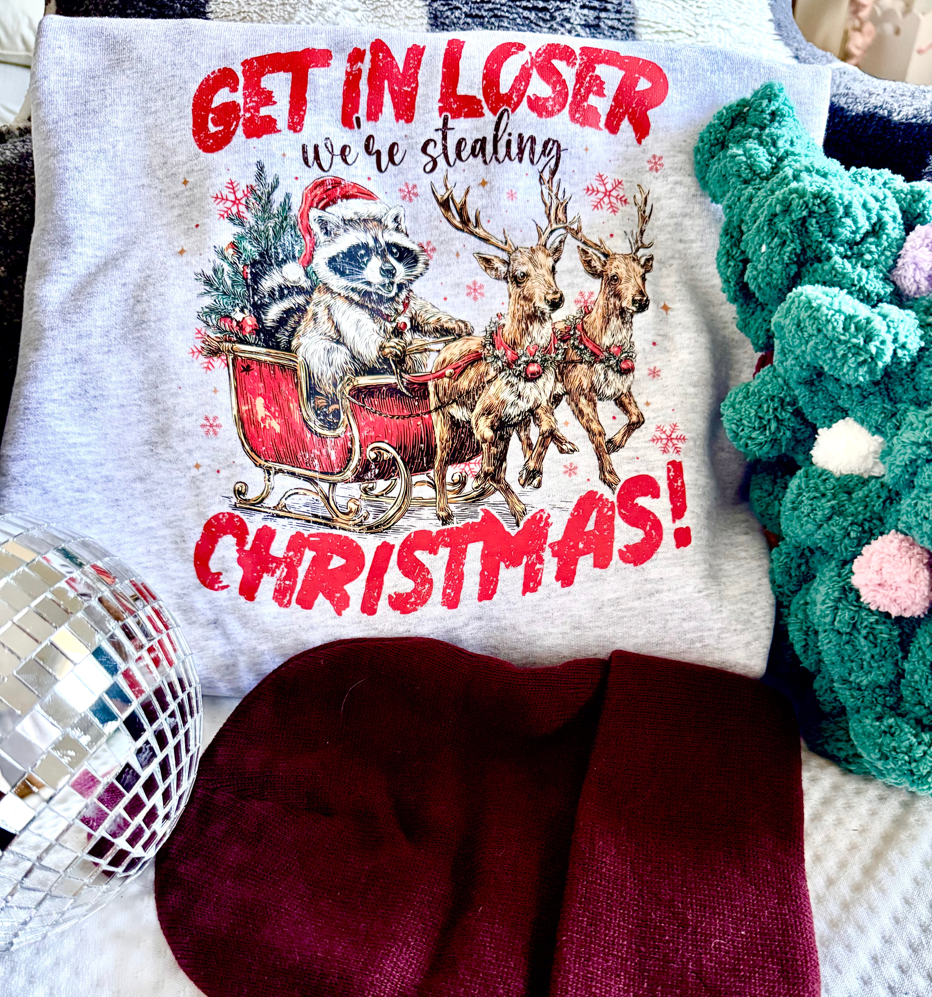 Santa Racoon Get in Looser Crewneck - Ash Grey